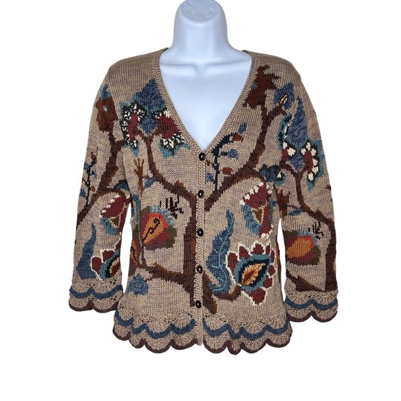 Vintage Peruvian Connection Cardigan Pima Cotton Scalloped Fall Leaves SMALL - Picture 3 of 13